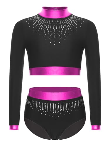 Kids Girls 2 Piece Gymnastics Dance Outfit Sparkle Dancewear Long Sleeve Crop Tops with Briefs Set3