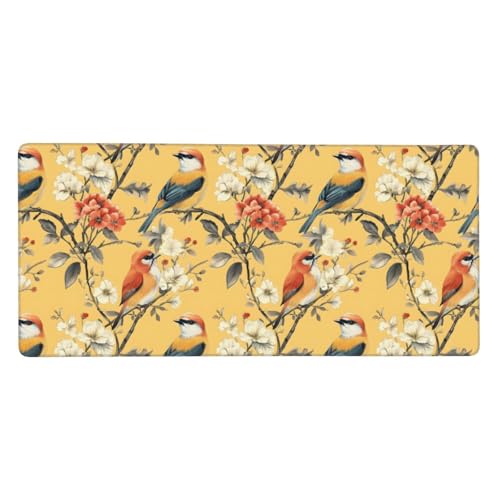 Grand tapis de souris de jeu fleurs et oiseaux imprimés avec base caoutchouc pour clavier PC