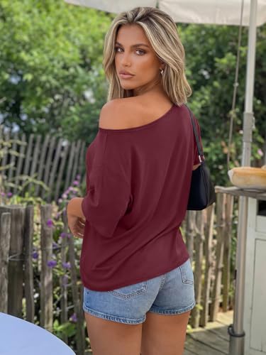Image of Trendy Queen Womens Off the Shoulder Tops Oversized Summer T-Shirts 2026 | Breathable Strenchy Comfort Material Short Sleeve Basic Oversized Tees Casual Workout Gym Y2k Going Out Clothes