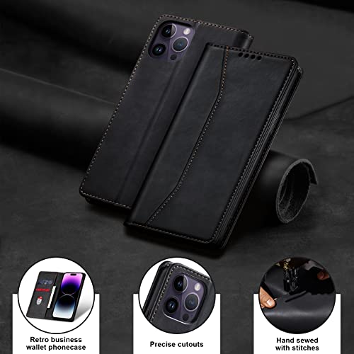 Image of Jasonyu Flip Wallet Case for iPhone 14 Pro max,Leather Magnetic Folio Cover with Card Holder,Kickstand - TPU Shockproof Durable Protective Phone Case,Black