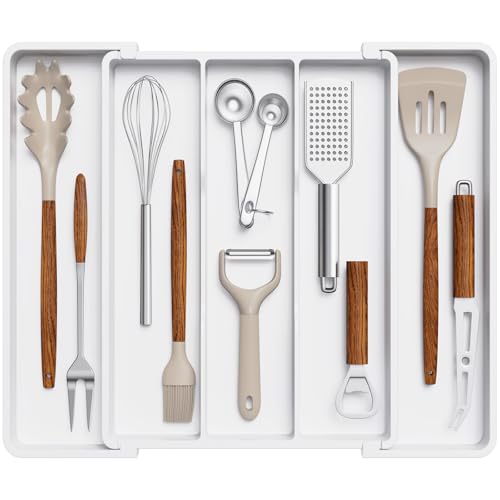 Image of Lifewit Utensil Organizer for Kitchen Drawers, Expandable Cooking Utensil Tray, Adjustable Cutlery Silverware Flatware Holder, Plastic Spatula Tools Storage Divider, 11-18 x 14", White