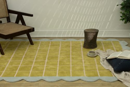 Image of Hand-Tufted 100% Wool Area Rug - 7x7 Ft, Round Mustard Yellow & Cream Checkered Grid with Sage Green Scalloped Border, Soft Cut Pile Modern Handmade Carpet for Living Room, Bedroom & Nursery