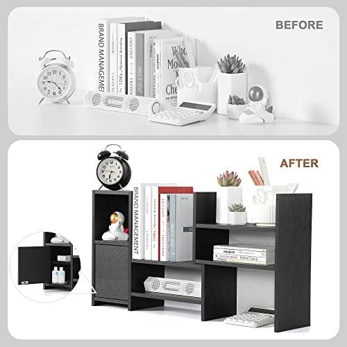 Giclain Desktop Shelf Adjustable Wood Small Bookshelf Office Supplies Desk Organizer And Accessories Display Rack With 2-Tier Small Drawer, Luxury Black #TOP4