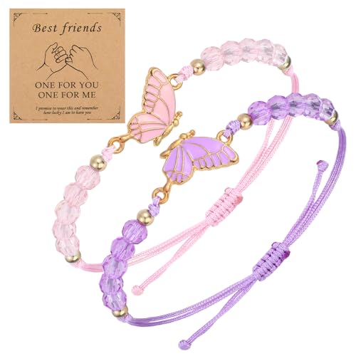 Nogeqi 2 Pcs Best Friend Bracelet, Adjustable Strand Bff Bracelets, Butterfly Matching Bracelets for Couples,Handmade Charm Friendship Bracelet Jewelry Gifts for Women Couples Bestie(Pink Purple)