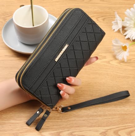 Mothers Day Gifts,Wallet Women,Trendy Solid Color Long Wallet, Double Zippers Clutch Coin Purse, Women'S Faux Leather Card Holder With Wristband (Black)2