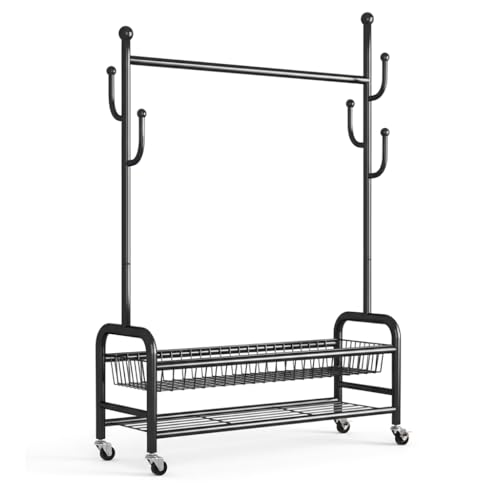 MartMark Burro Ropa Resistente con Ruedas y Freno - Perchero Burro Ropa Portátil con Cesta y Estante - Armario Ropero Abierto de Acero al Carbono para Interior - 172x90x28cm - Fácil Montaje - 60kg