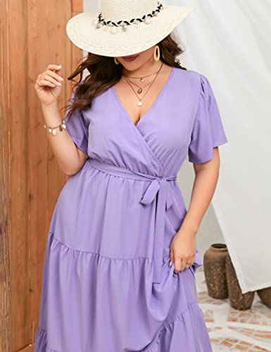 Shopwonder Womens Plus Size V Neck Wrap Maxi Dress High Waist Ruffle Summer Casual Dress With Belt Solid Purple 2Xl #TOP1