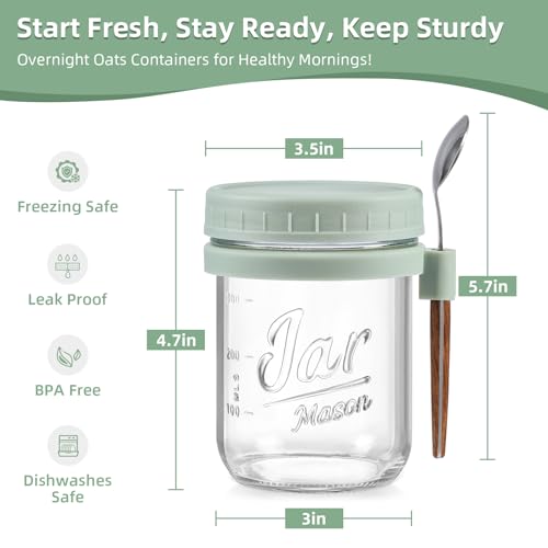 Image of 4 Pack Overnight Oats Containers with Lids and Spoons, 16 oz Glass Mason Jars with Airtight Lids, Overnight Oats Jars for Milk, Cereal, Fruit