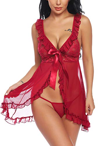 Ababoon Babydoll Lingerie for Women Lace Deep V Neck Flutter Sleeve Sexy Sleepwear Open Front Nightgown Wine Red