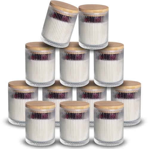 NiHome 12 Stück klarem Glas-Kerzengläser mit Bambusdeckel, 180 ml Kerzenhalter Glas, Ideal für Kerzenmachen, Teelichtgläser, Teelichtglas,Transparent Kerzen - spülmaschinenfest(Vertikale Streifen)