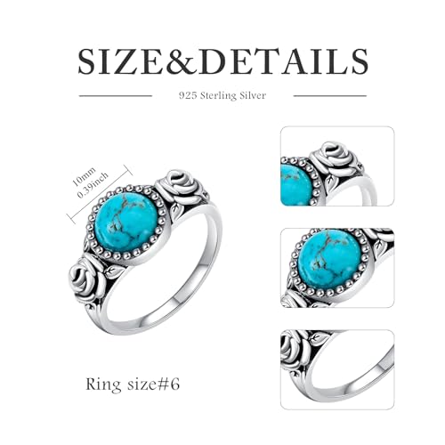Rose Flower Ring for Women 925 Sterling Silver Genuine Natural Turquoise Vintage Rose Promise Statement Ring Ladies Jewelry Valentines Day Gift for Women Mother3