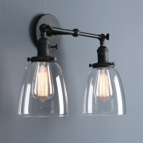 Image of Phansthy 2 Light Swing Direction Wall Sconce with Switch and 5.6 inch Bell Glass Shade, Vintage Industrial Doubel Head Wall Light 180 Adjustable (Black)
