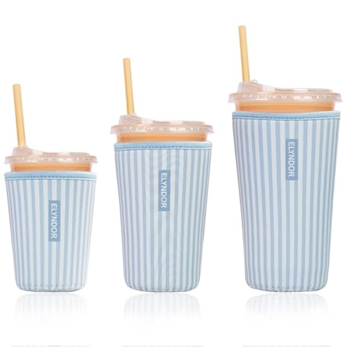 Image of Reusable Insulated Sleeve for Iced Coffee Cup, 3-Pack Coffee Neoprene Drink Sleeve for Cold & Hot Drinks, Beverage Holder for Iced Coffee (Blue Stripes)