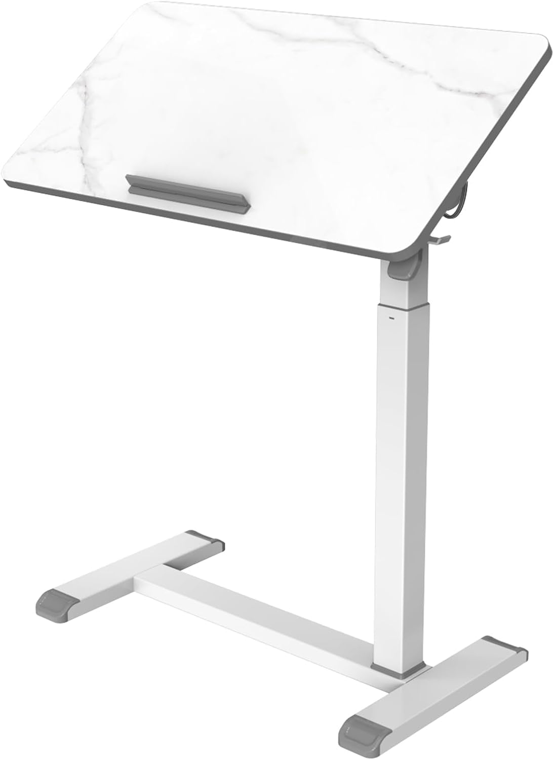 ETHU Mobile Standing Desk on Wheels, Height Adjustable Over Bed Table with Tilting Desktop, Rolling Laptop Desk with Pneumatic Lift, Bed Side Table Workstation for Home Office Hospital (Marble White)