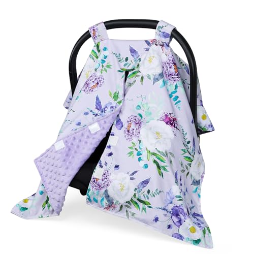 Image of CARUILI Car Seat Cover Baby, Peekaboo Opening Carseat Covers Baby Girl, Warm Minky Infant Car Seat Canopy, Multi-Use Cover Protecting Baby from Wind, Sun, Strangers Purple Floral