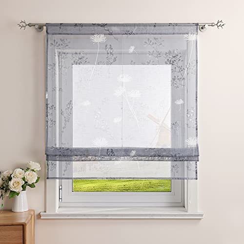 Cortina romana de lino con estampado de crisantemo con cordón para cocina, estilo casa de campo, tratamiento de ventanas, transparente, corto. Rodillo de 152 cm de ancho x alto