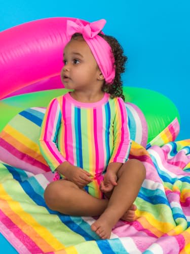 Image of RuffleButts Baby Girls UPF 50+ Sun Protection Floral Printed Long Sleeve One Piece Rash Guard Swimsuit with Zipper