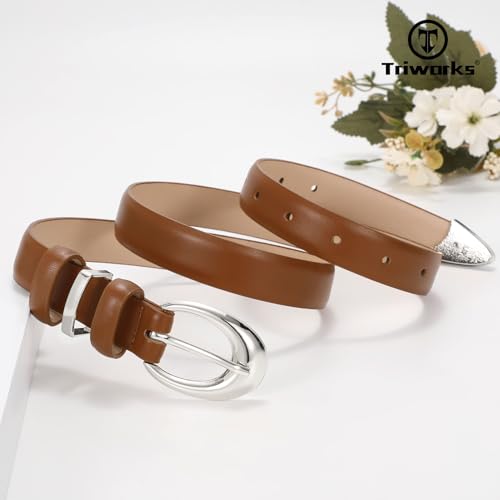 Image of TRIWORKS Women Leather Belt for Jeans Pants Fashion Ladies Skinny Faux Leather Dress belt with Gold Buckle