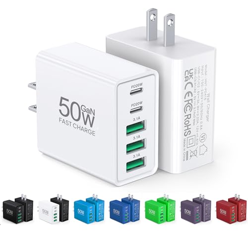 [2-Pack] USB C Wall Charger,50W 5-Port PD Fast USB C Charging Block,2USB C+3USB A Multiport...