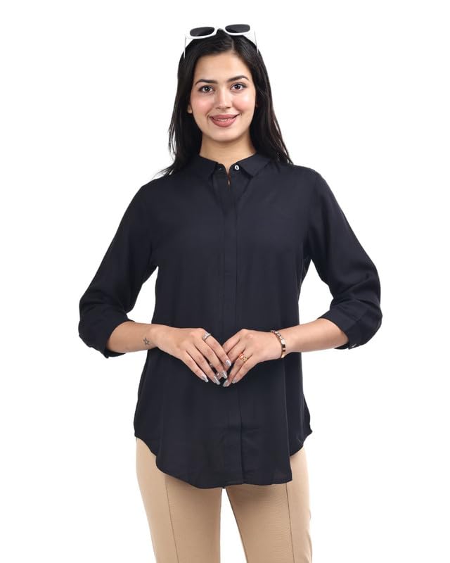 Hemline Solid Shirts for Women | 3/4 Sleeves Classic Rayon Shirt for Office Wear | Collared Neck Shirt for Girls | Regular Fit Shirts | Smart Formal Button Down Shirt for Women-image-9