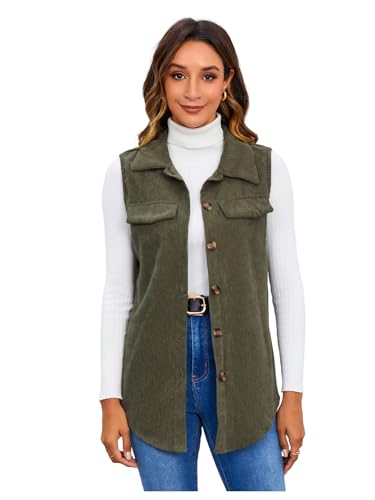 MakeMeChic Women's Ribbed Collared Lightweight Vest Corduroy Button Front Sleeveless Vest Jackets
