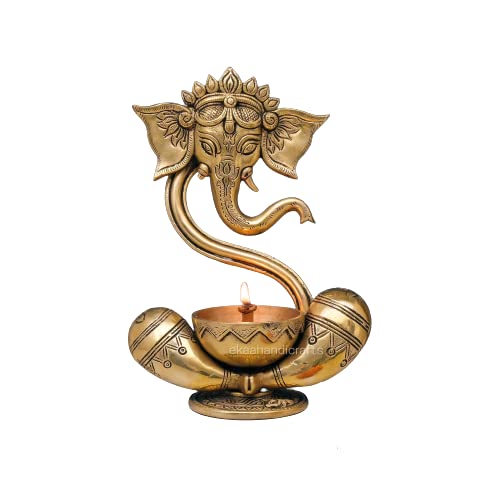 Ekaa Handicrafts Brass Ganesh Idol Diya with Large Container for Home Décor Pooja Decorative Diwali Puja Wedding Gift Mandir Temple Height 9 Inch Gold Size : Small