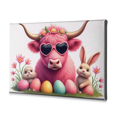 Toile de décoration murale vache rose à fleurs et lunettes de soleil 40 x 60 cm