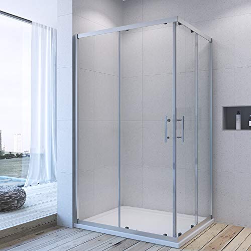 Duschkabine Eckeinstieg 75x90 x 185 cm Schiebetür Glas Eckdusche Duschabtrennung Duschtrennwand Glaswand Duschwand Doppel Duschtür Alumuniumprofile silber matt ESG Sicherheitsglas Echtglas AQUABATOS