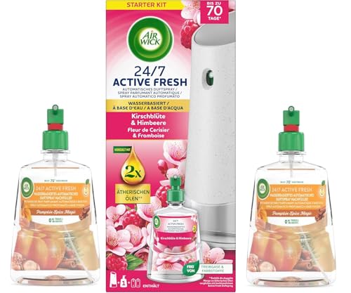 Air Wick Active Fresh Automatisches Duftspray Bundle Automatisches Starter Set & Nachfüller 1 x Kirschblüte & Himbeere + 2 x Pumpkin Spice Magic Wasserbasiert 3x 228ml