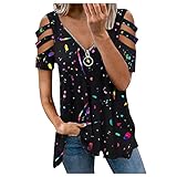 Briskorry T-Shirt Damen Sommer Kurzarm Oberteile mit Bedruckte Kalte Schulter Bluse V-Ausschnitt Reißverschluss Tops Sportshirt Tee Schulterfreies Shirt