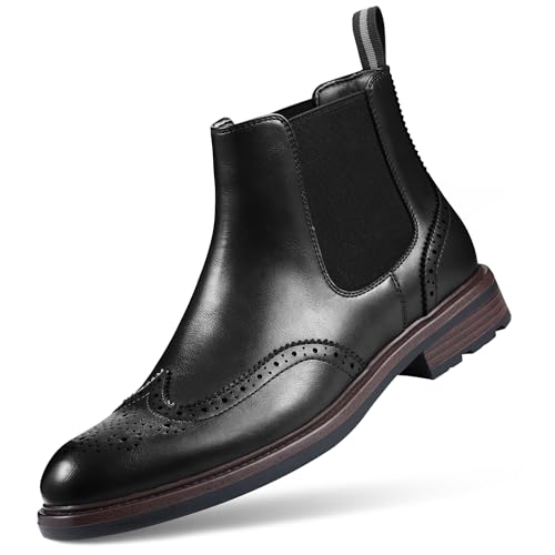 FUNROMAN Men's Wingtip Chelsea Boots Faux Leather Dress Boots with Non-Slip Rubber Sole Classic Brogue Design for Office Party & Casual Occasions M29 Black 8