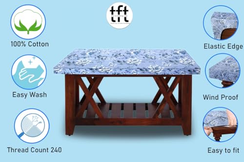 Image of The Furnishing Tree Elastic Cotton Square Center Table Cover 26x26 in Inches Floral White Rose on Blue Base