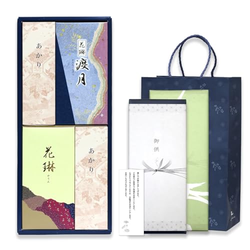 お悔やみ 線香 ギフト 【花琳渡月 2種 白檀 内のし 弔文 手提げ袋付き ロウソク】 日本製 少煙 贈答用 お線香 仏壇用 法要 一周忌