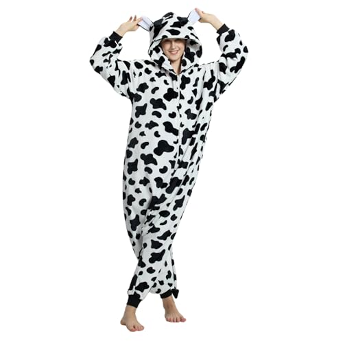 YLLSOPHAN Adult Men Women Animal Pattern Hooded Pyjamas Sleeping Wear Onesie Soft Flannel Extra Thickness Loose Fit Halloween Party Costume (UK Alpha XL Regular Regular Cow-Loose Fit)