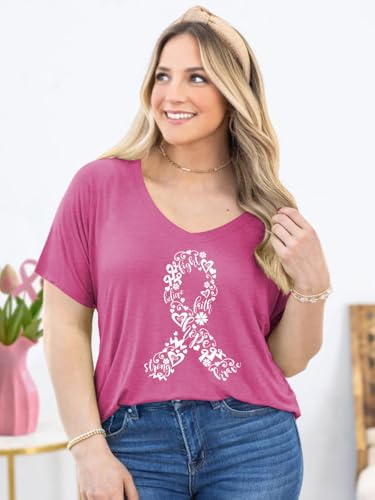 Plus Size Breast Cancer Shirts for Women Breast Cancer Awareness T-Shirts Pink Ribbons V Neck Tee Tops2