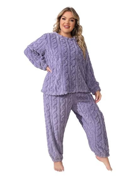 Men & Women Plus Size Casual Pajamas Set, Unisex Plus Solid Textured Long Sleeve Round Neck Warm Flannelette & Joggers Loungewear Two Piece Set Size: (L-XXL)-image-35