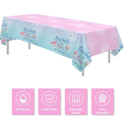 Image of Baseball or Bows Gender Reveal Decorations Tablecloth, Disposable Boy or Girl Theme Baseball Gender Reveal Party Supplies Tablecover, 3 Pack, 55in x 86in