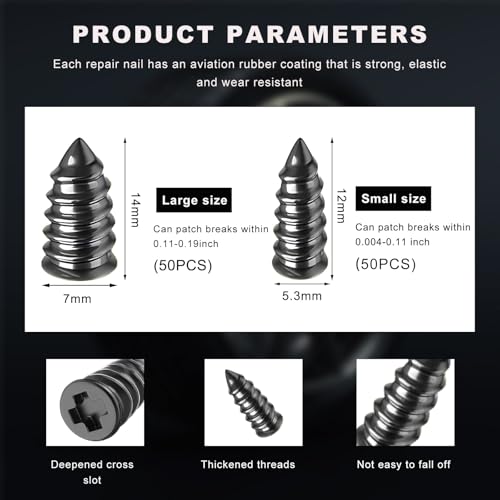 Image of Ohleats 100 PCS Tire Repair Rubber Nail, Self-Service Vacuum Tire Repair Nail Kit, Tire Quick Puncture Repair Tools for Automotive Truck Tractor, Universal Car Accessories (Large&Small)
