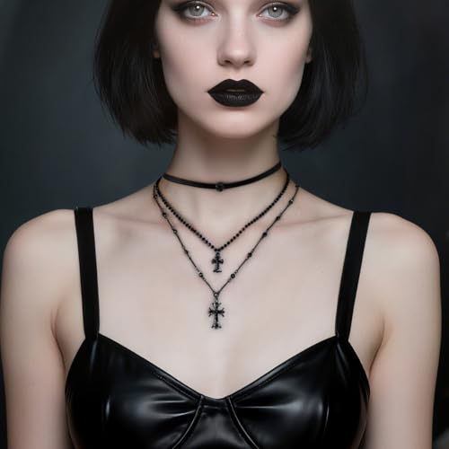 Layered Halloween Cross Necklace - Triple Layer Gothic Necklace with Black Leather, Beaded Chain Cross Pendants Grunge Vampire Jewelry Gifts3