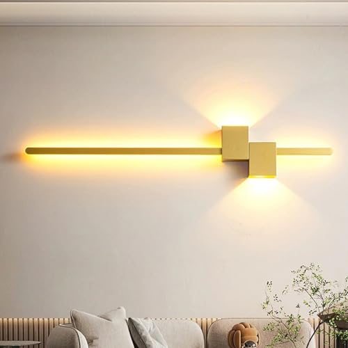 Aplique de Pared Lineal con Cable rígido de 91 cm de Largo y Tira LED Negra, Estilo nórdico Minimalista, para Interiores, Color Blanco Dorado, Ideal para Sala de Estar, Dormitorio, mesita de no