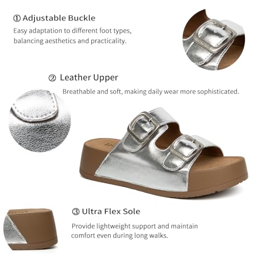 Image of Platform Sandals Women Genuine Leather Slip-on Beach Slide Buckle Comfortable Sandals with Memory Foam Soft Lining and Open Toe Low Wedges