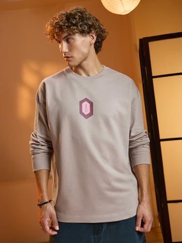 Image of The Souled Store Demon Slayer: Giyu Men and Boys Round Neck Beige Graphic Printed Cotton Lightweight All-Season Full Sleeves Oversized T-Shirt