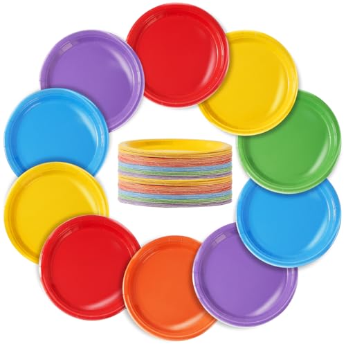 HGWNQX 48 Pcs Rainbow Plates 7 Inch Bulk Multicolor Paper Plates Disposable Round Solid Colored Dessert Plates for Birthday Dinner and Party Decorations