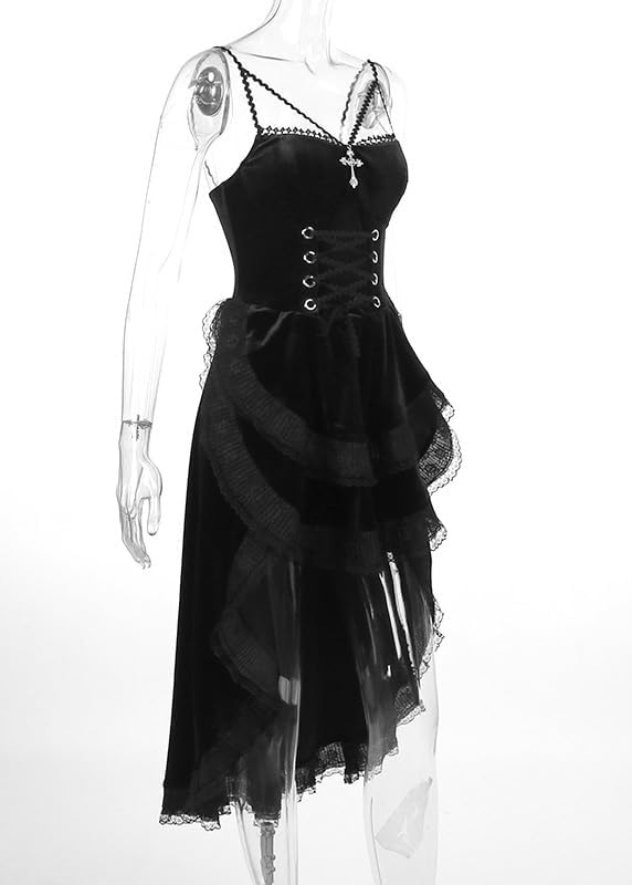 TSMNZMU Womens Gothic Velvet Corset Dress - Vintage Fairy Lolita Punk Grunge Long Goth Emo Alt Halter Dress - Image 6