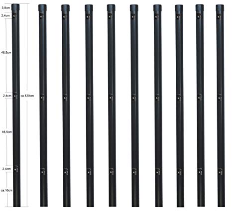 10 Stück Metallpfosten Zaunpfahl aus Metall Ø 34 mm 1200mm lang für 1,0m hohe Metall Zaunanlage aus Maschendrahtzaun in grau anthrazit RAL 7016. Mit 3 vormontierte Spanndrahthalter und Pfostenkappe.
