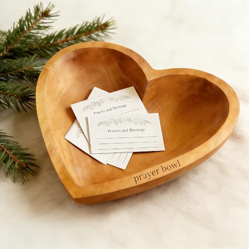 Prayer Bowl with 12 Cards Heart Prayer Bowl Wooden Christian Gifts for Women Men Wood Prayer Dough Bowl Heart Shaped Decor Bowl Mothers Day Gifts Birthday Retirement Religious Gift for Mom Dad