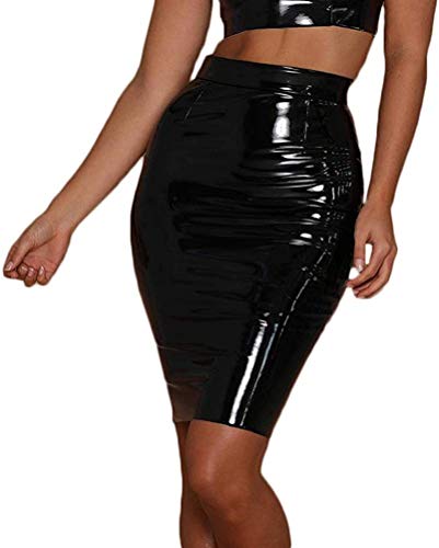 Huyghdfb Women Bodycon Sexy Mini Pencil Skirt PU Leather High Waist Bright Straight A-Line Tight Club Nightout Wear (Long-Black, XL) Cover