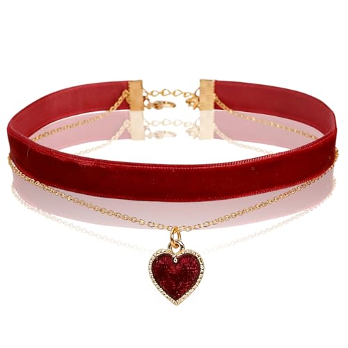 Choker Kette Damen,Geschichtet Verstellbare Halsband Damen Schmuck,Joker Collar Choker Schwarz Necklace 90er,Samt Herz Halskette Rot Women für Mädchen Gothic Karneval Party Cosplay Deko Geschenke (A)