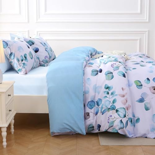 Image of MUXHOMO Bed in a Bag King 7 Pieces, King Comforter Set Reversible Blue Botanical Flowers Design, Ultra Soft & Breathable Bedding Sets with Comforter, Sheets, Pillowcases & Shams