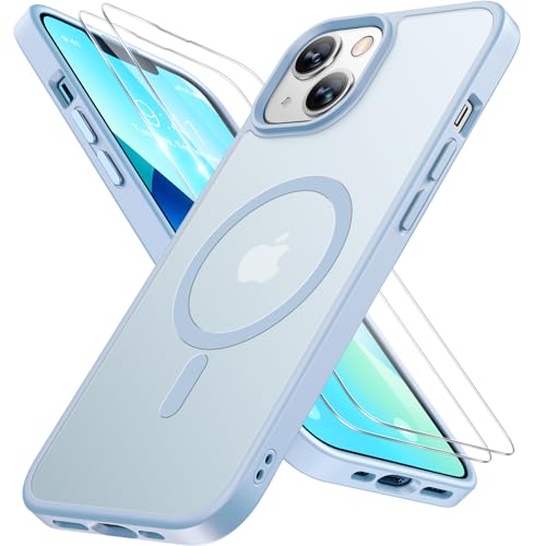 Image of Miracase Magnetic for iPhone 13 Case 6.1 inch (Compatible with MagSafe)(with 2X Screen Protectors) Military-Grade Protection, Anti-Fingerprint Translucent Matte Phone Case Cover, Light Blue